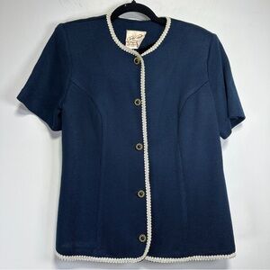 Charles Carroll Vintage Navy Knit Short Sleeve Jacket Pearl Trim Buttons Size M